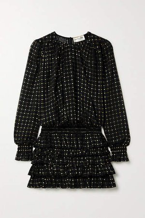 Ruffled Glittered Flocked Silk-blend Chiffon Mini Dress - Black