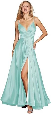 Amazon.com: PUXIU Women's Spaghetti Straps Ruched Silk Bridesmaid Dresses High Split Long Formal Evening Gowns for Women PU031 : Clothing, Shoes & Jewelry