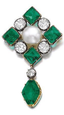 Natural pearl, emerald and diamond brooch