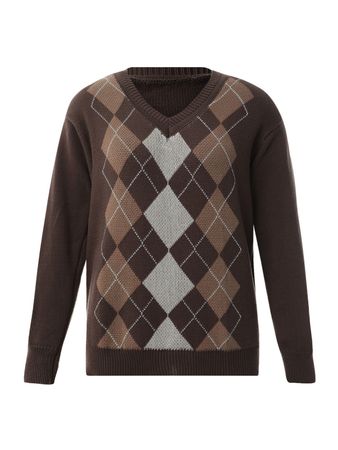 Women's Argyle Knit Pullover Sweater Long Sleeve V Neck Plaid Sweaters Preppy Style Top Brown - Walmart.com