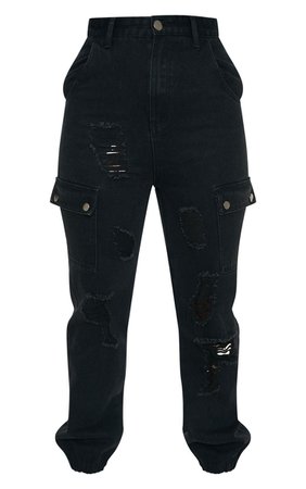 Black Distressed Cargo Pocket Jeans | Denim | PrettyLittleThing