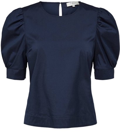 dark blue top with puffy sleeves