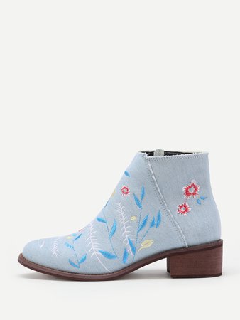 Flower Embroidery Denim Block Heeled Ankle Boots
