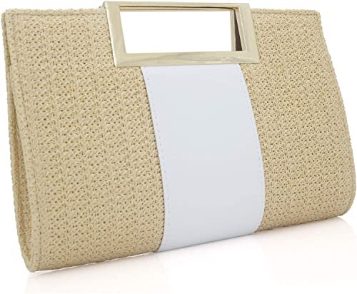 Dexmay Large Top Handle Straw Clutch Women Beach Purse White: Handbags