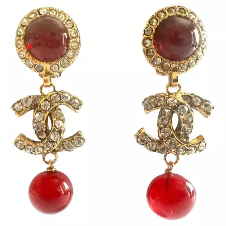 Vintage Chanel Red "Glass" Gilt Logo CC Diamante Earrings For Sale at 1stDibs