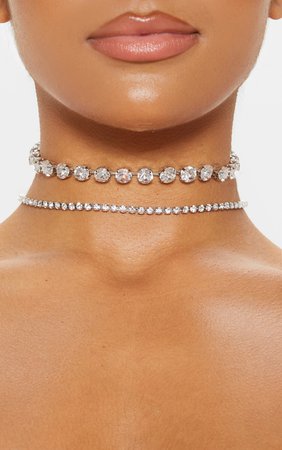 Silver Double Diamante Choker Two Pack | PrettyLittleThing USA