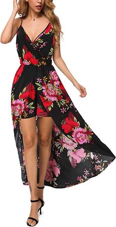 Amazon.com: Kormei Womens Sleeveless V Neck Floral Rayon Party Split Maxi Romper Dress XL Black&Red-V Neck : Clothing, Shoes & Jewelry