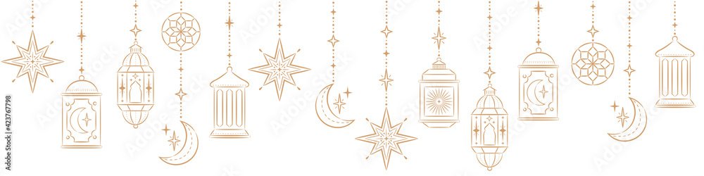Ramadan Kareem Border, Islamic art Style Background. Symbols of Ramadan Mubarak, Hanging Gold Lanterns, arabic lamps, lanterns moon, star, art vector and illustration. Stock Vector | Adobe Stock