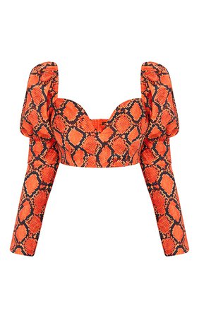 Orange Woven Snake Print Plunge Cropped Blouse | PrettyLittleThing