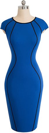 HOMEYEE Women's Crew Neck Cap Sleeve Form Fitting Church Dress B458(4, Blue) at Amazon Women’s Clothing store