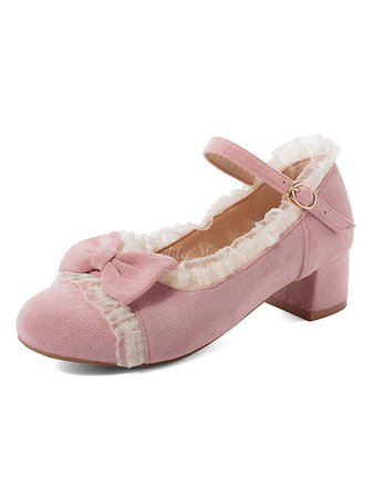 Sweet Lolita Shoes Pink Bow Lace Micro Suede Upper Puppy Heel Lolita Pumps - Lolitashow.com