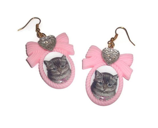 Vintage Cat Earrings Kawaii Cute Pastel Pink Cameo Vintage | Etsy