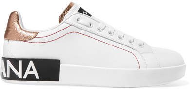 Logo-embellished Metallic-trimmed Leather Sneakers - White