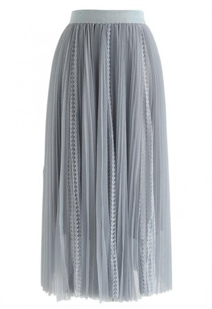 Exquisite Mesh Lace Pleated Midi Skirt in Dusty Blue - NEW ARRIVALS - Retro, Indie and Unique Fashion