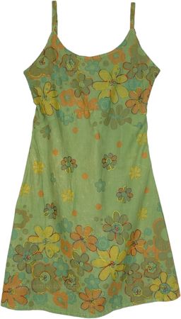 Herbs Green Floral Printed Summer Cotton Dress with Embroidery | Dresses | Green | Sleeveless, Embroidered, Vacation, Beach, Floral, Printed