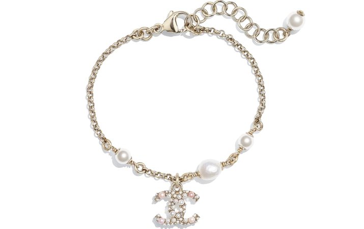 Bracelet, metal, cultured freshwater pearls, glass pearls & strass, gold, pearly white, pink & crystal - CHANEL