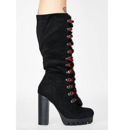 Black Red Lace Up Fur Trim Zip Up Knee High Boots | Dolls Kill