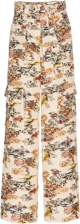 Floral-Patterned Jacquard Wide-Leg Cargo Pants