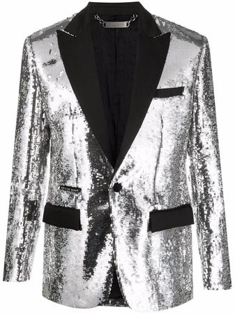 Philipp Plein sequin embellished single breasted silver black Blazer