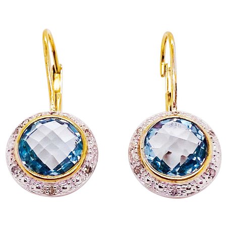Blue Topaz and Diamond Halo Earring Drops Sterling Silver and 14 Karat Gold For Sale at 1stDibs