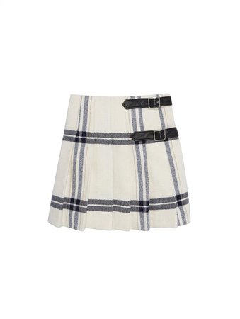 Wool Plaid Pleated Skirt | Bottoms | Oscar de la Renta White Multi | Oscar de la Renta