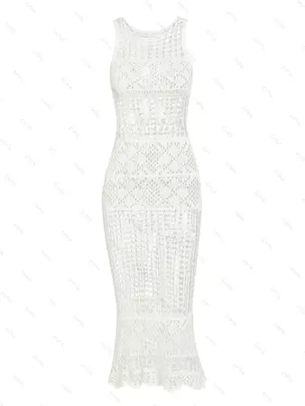 Women's Round Neck Sexy See Through Openwork Crochet Knitted Sleeveless Side Midi Swimwear Cover Up Dress In WHITE | ZAFUL 2024