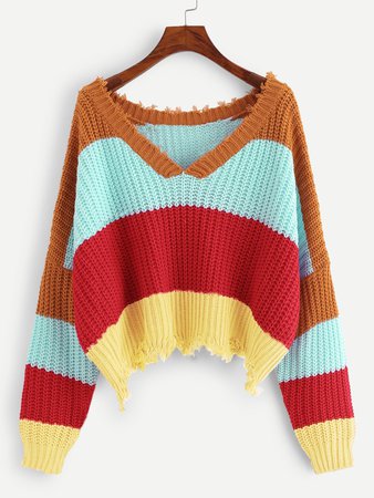 Color Block Raw Hem Sweater