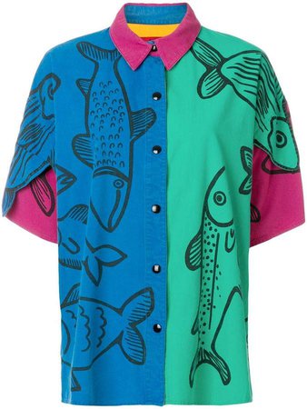 Pre-Owned oversized fish printed shirt
