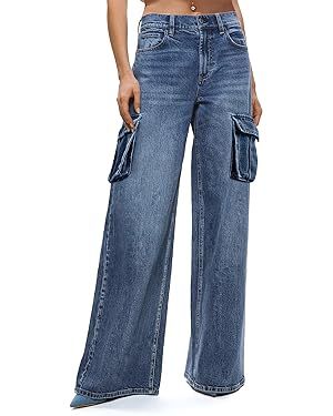 Amazon.com: Womens Cargo Jeans High Waisted Wide Leg Baggy Denim Cargo Pants Flap Pocket Y2K Streetwear Casual Trousers (Blue,Medium) : Clothing, Shoes & Jewelry