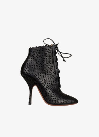 Women's Black/Black Openwork Leather Heeled Boots | ALAÏA SK
