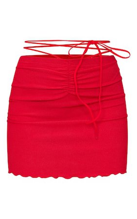 Red Rib Tie Waist Frill Edge Mini Skirt | PrettyLittleThing USA