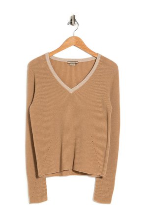 AMICALE Contrast Trim Cashmere Ribbed Knit V-Neck Sweater | Nordstromrack