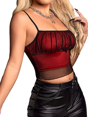 Verdusa Women's Colorblock Ruched Bust Sleeveless Mesh Spaghetti Straps Crop Cami Top Red S at Amazon Women’s Clothing store