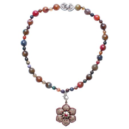 Clarissa Bronfman Agate Sapphire Diamond Ruby Enamel Flower Pendant Necklace For Sale at 1stDibs