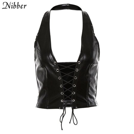 Nibber fashion punk black leather hollwo crop tops womens camisole 2019 summer fashion stretch tees Slim Soft leather tank tops|Camis| - AliExpress