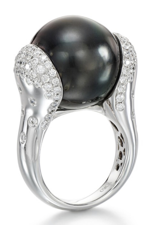 White Gold, Black Cultured Pearl and Diamond Ring