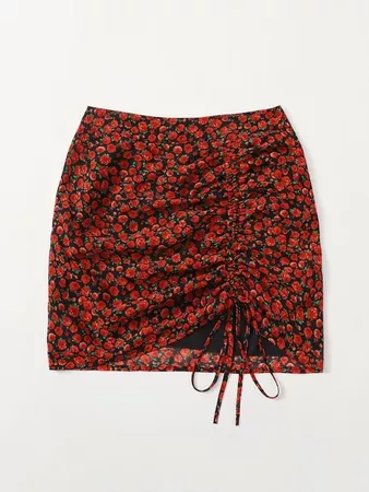 red Drawstring Knot Ruched Floral Skirt | SHEIN USA