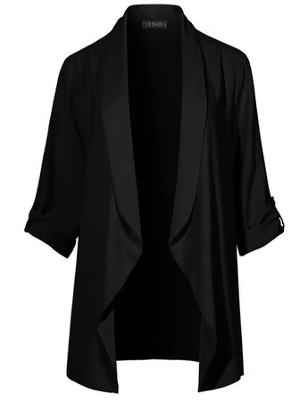 LE3NO Womens Lightweight Loose Draped Open Front Roll Up 3/4 Sleeve Long Blazer Jacket | LE3NO black
