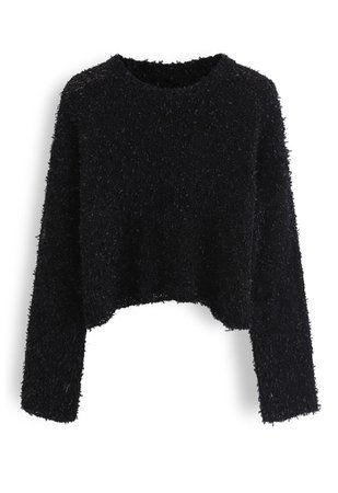 Cropped Fluffy Hollow Out Knit Sweater in Black - Retro, Indie and Unique Fashion