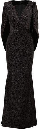 Roisin Cape-effect Glittered Velvet Gown - Black