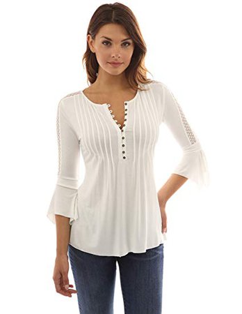 PattyBoutik Women Henley Lace Inset 3/4 Bell Sleeve Blouse (Off-White Small) at Amazon Women’s Clothing store: