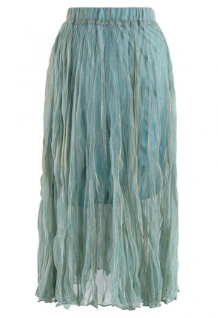 Semi-Sheer Shimmer Mesh Pleated Skirt in Green - NEW ARRIVALS - Retro, Indie and Unique Fashion
