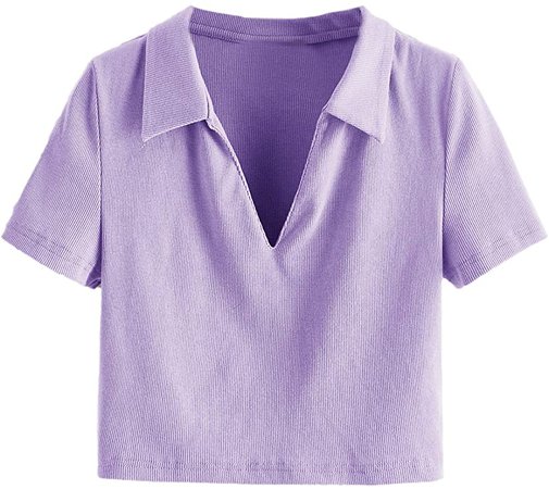 SweatyRocks Women's Collar Ribbed Knit Tee Short Sleeve Crop Top T-Shirts Purple Large at Amazon Women’s Clothing store