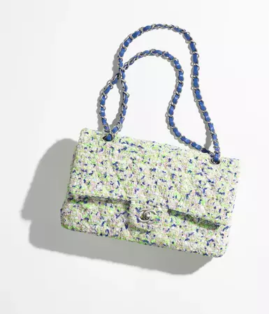 Classic handbag, Tweed & silver-tone metal, white, navy blue, light green & light pink — Fashion | CHANEL
