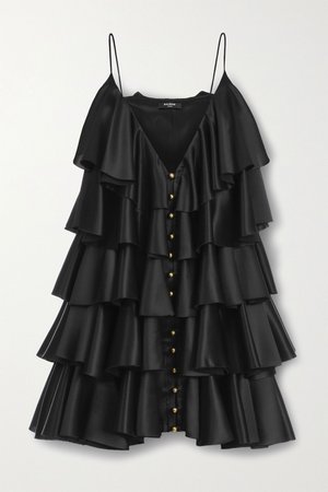 Black Tiered ruffled silk-satin mini dress | Balmain | NET-A-PORTER