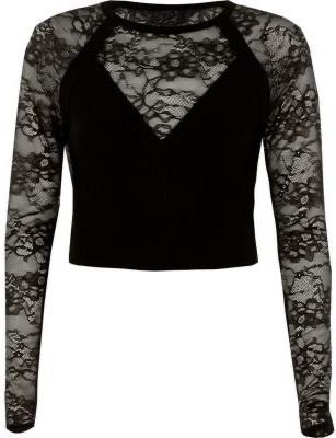 River Island Womens Black lace insert long sleeve fitted top