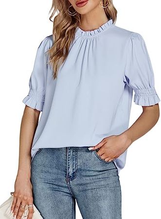 LYANER Women's Frill Mock Neck Pletaed Puff Short Sleeve Chiffon Blouse Shirt Top at Amazon Women’s Clothing store