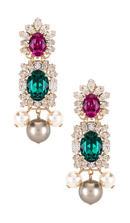 Anton Heunis Crystal Cluster & Pearl Pendant Earring in Green, Fuchsia & Gold | REVOLVE