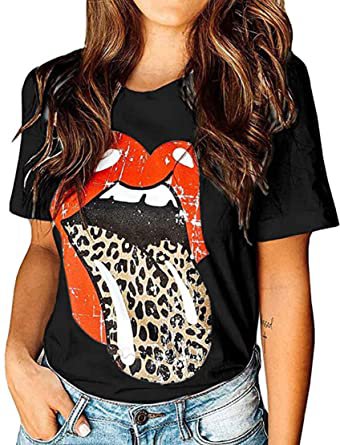 Women Red Lip Leopard Tongue Print T-Shirt Short Sleeve Cute Graphic Tee Tops at Amazon Women’s Clothing store