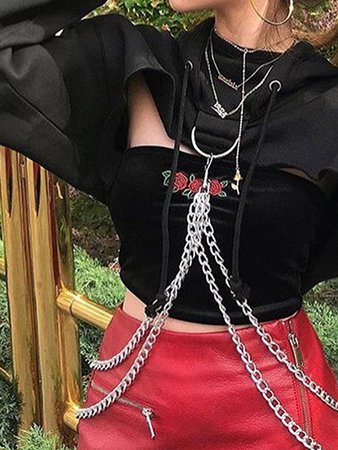 Black Cotton Circle Chain Long Sleeve Chic Women Crop Hoodie | Choies